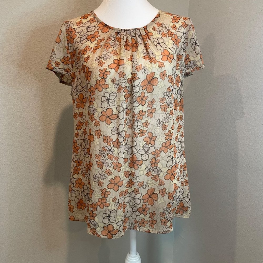 Geoffery Beene Sport Tan & Brown Floral Print Cap Sleeve Blouse